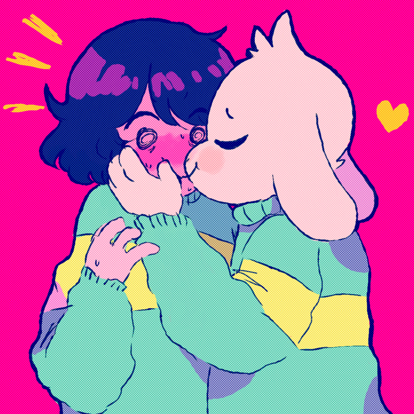 &lt;3 ambiguous_gender anthro asriel_dreemurr blush boss_monster brown_hair caprine chara_(undertale) child clothed clothing cub duo eyes_closed fully_clothed fur goat hair hair_tuft human human_on_anthro humanoid interspecies kissing long_ears male mammal on_the_lips pink_background shocked simple_background sohnano striped_topwear stripes sweat sweater undertale video_games white_fur young