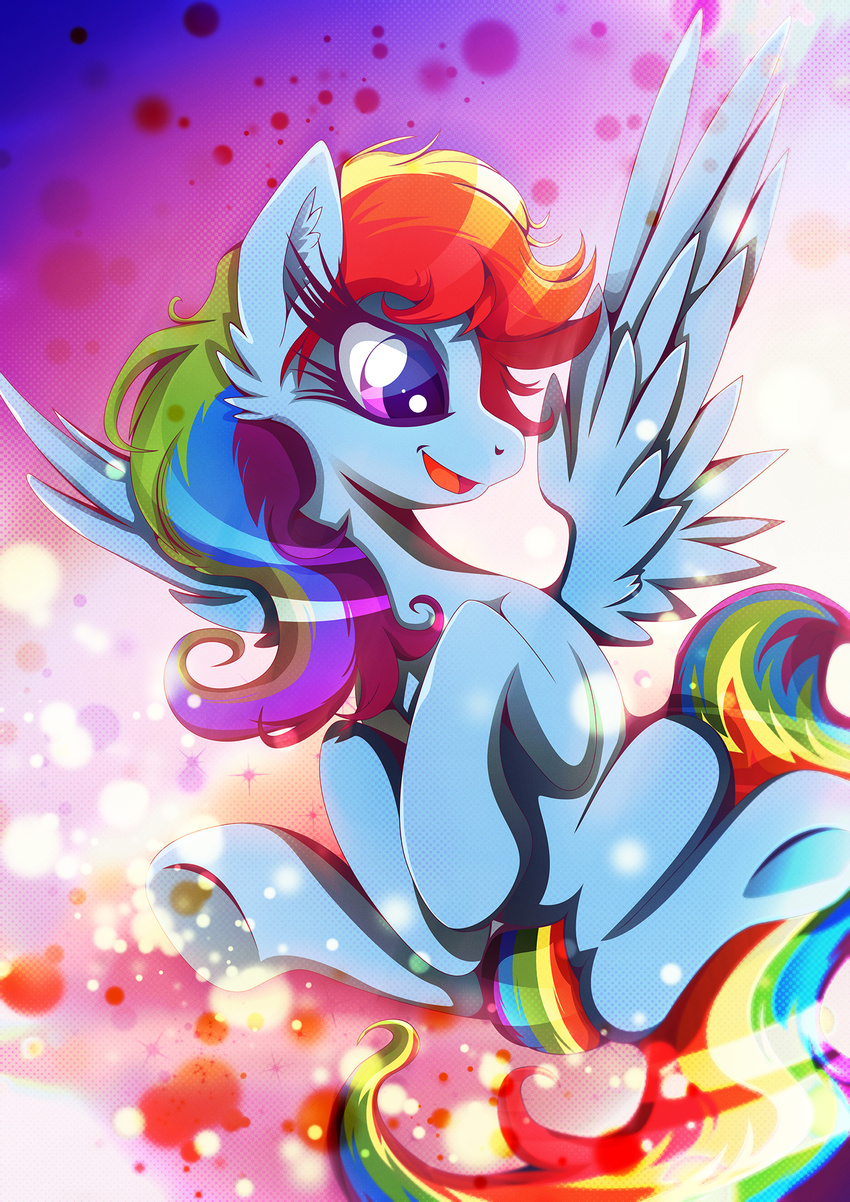 blue_feathers blue_fur equine eyelashes feathered_wings feathers female feral friendship_is_magic fur hair hooves inner_ear_fluff mammal multicolored_hair my_little_pony nude open_mouth pegasus pink_eyes rainbow_dash_(mlp) rainbow_hair rariedash smile solo tongue wings