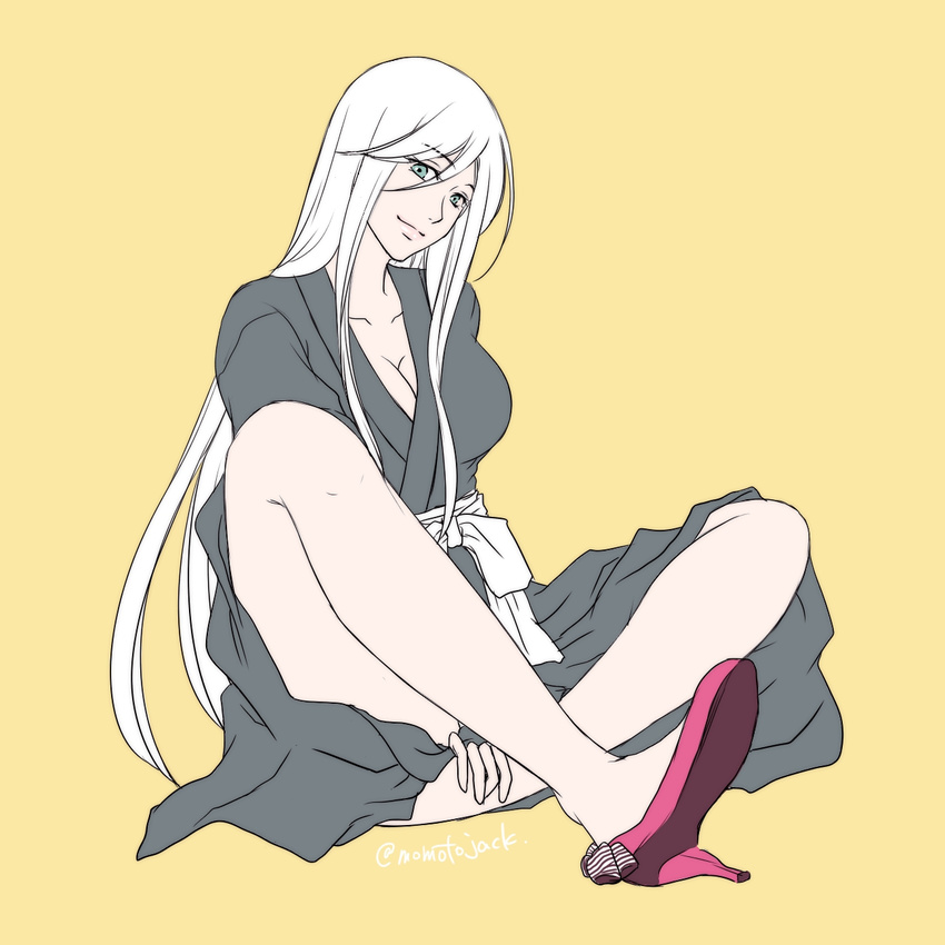 1girl bleach breasts cleavage female flat_color full_body genderswap high_heels long_hair simple_background smile solo ukitake_juushirou white_hair