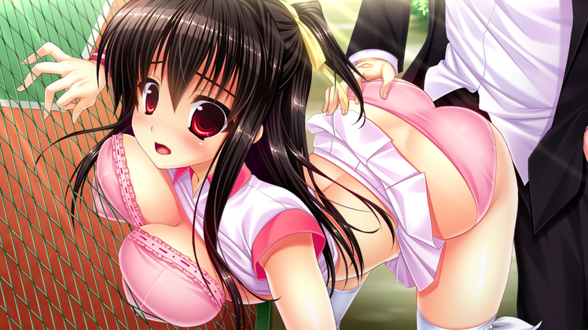 1girl against_fence ass bent_over bitch_nee-chan_ga_seijun_na_hazu_ga_nai black_hair blush bra breasts fence fujikawa_himawari game_cg hair_ribbon hand_on_ass hetero hinamatsuri_touko large_breasts long_hair open_mouth panties pink_bra pink_panties pleated_skirt red_eyes ribbon shirt_lift skirt skirt_lift solo_focus sportswear sweatband tennis_court tennis_uniform thighhighs two_side_up underwear white_legwear