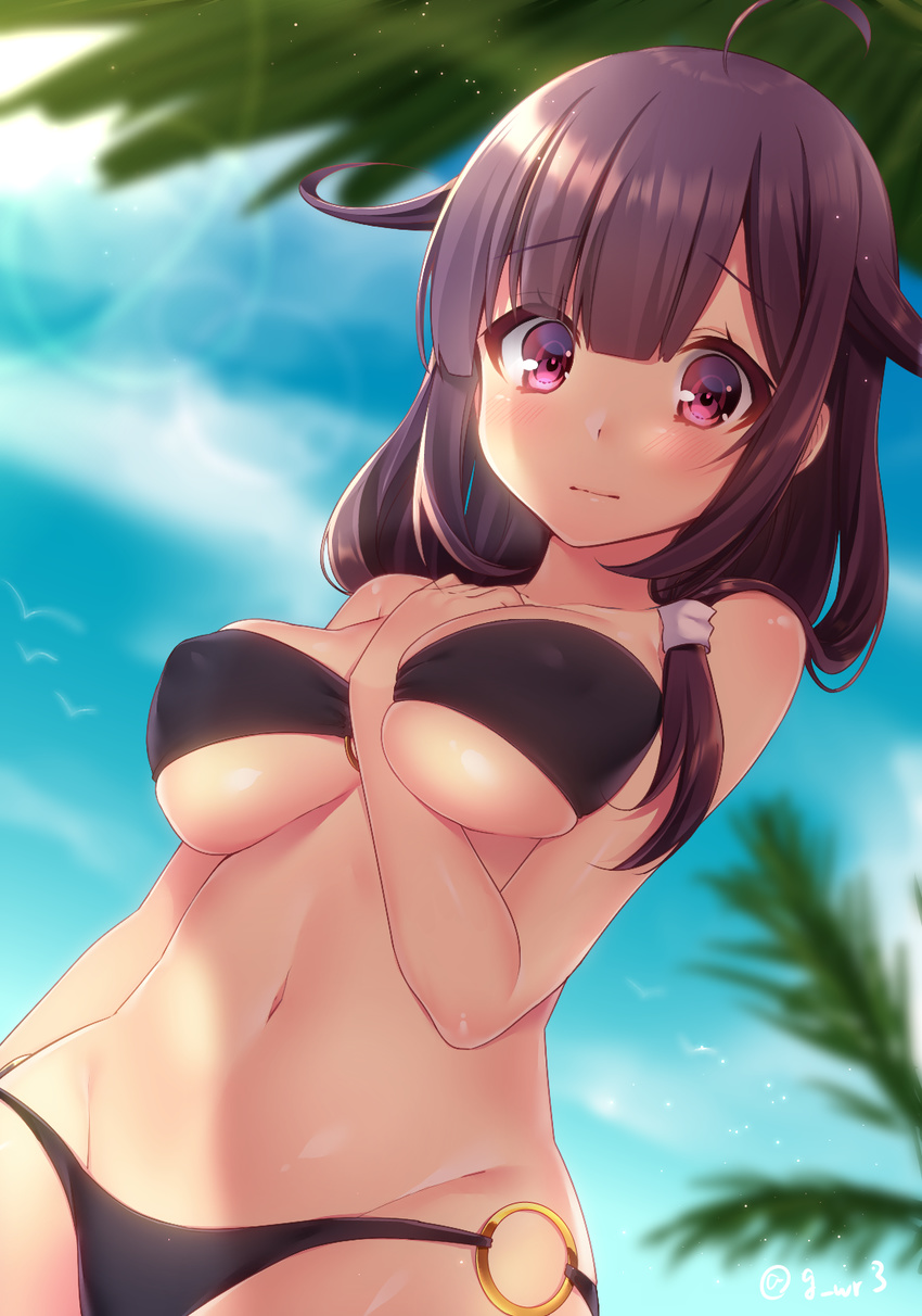 ahoge alternate_costume arm_at_side bandeau between_breasts bikini blush breasts cloud covered_nipples day eyebrows eyebrows_visible_through_hair from_below groin hair_flaps hand_between_breasts highres jiiwara kantai_collection large_breasts lens_flare long_hair looking_at_viewer navel o-ring o-ring_bikini o-ring_bottom o-ring_top outdoors palm_leaf palm_tree purple_hair red_eyes shiny shiny_skin skindentation solo swimsuit taigei_(kantai_collection) tree underboob upper_body wavy_mouth