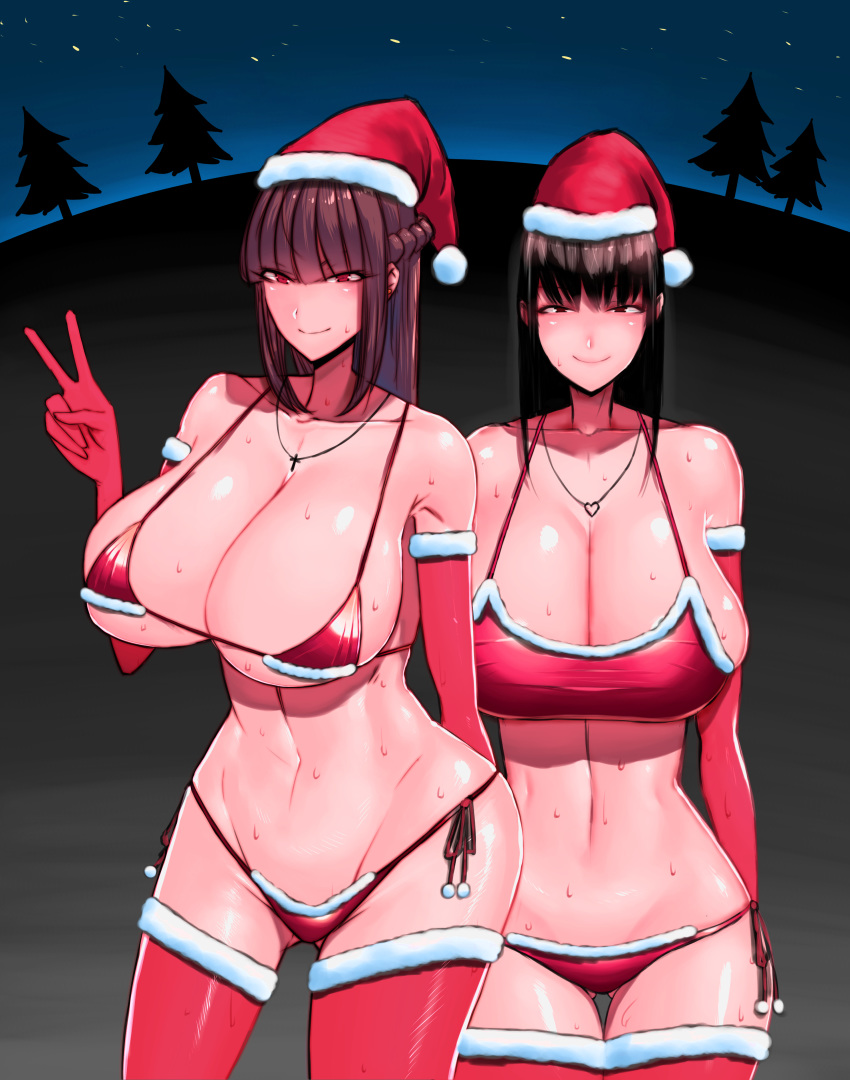 2girls absurdres bikini black_hair braid breasts christmas cleavage gloves gluteal_fold groin hat highres jewelry large_breasts long_hair looking_at_viewer multiple_girls navel necklace original red_bikini red_eyes red_gloves red_legwear santa_hat sweat swimsuit thigh_gap thighhighs v wolffeld