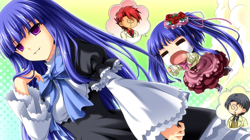 2girls artist_request bangs blue_hair blunt_bangs bow chibi crying dress faceless flower frederica_bernkastel frilled_dress frilled_skirt frills furudo_erika game_cg grin hair_flower hair_ornament jealous lolita_fashion long_hair multiple_boys multiple_girls official_art open_mouth ougon_musou_kyoku parted_lips puffy_sleeves purple_eyes rose skirt smile twintails umineko_no_naku_koro_ni ushiromiya_battler ushiromiya_george