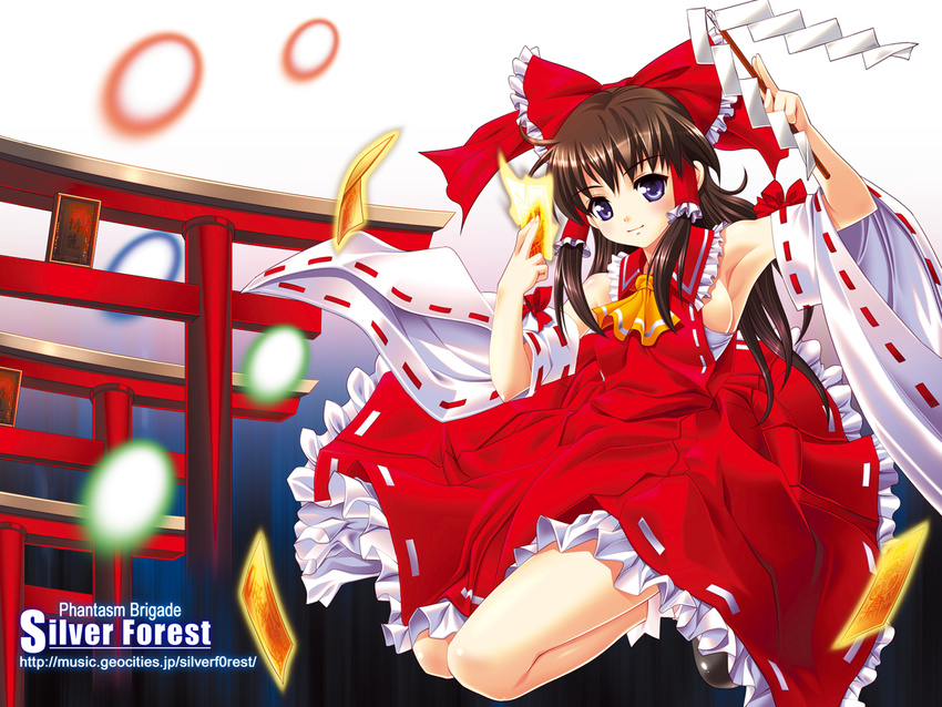 armpits artist_request ascot bangs bare_shoulders blue_eyes bow breasts brown_hair danmaku detached_sleeves dress flying frilled_bow frilled_hair_tubes frilled_shirt_collar frilled_skirt frills full_body gohei hair_bow hair_tubes hakurei_reimu long_hair looking_at_viewer ofuda red_background red_bow red_dress red_ribbon red_shirt red_skirt ribbon ribbon-trimmed_sleeves ribbon_trim sarashi shirt sideboob skirt smile solo torii touhou wallpaper white_sleeves wide_sleeves yellow_neckwear yin_yang