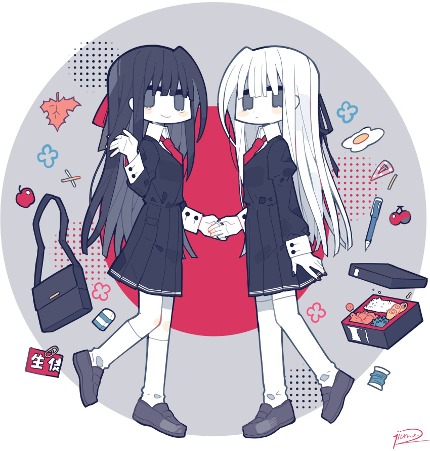 2girls absurdres apple armband armband_removed bag bento black_dress black_eyes black_footwear black_hair black_ribbon bow cherry colored_skin commentary contrast dress eraser food fried_egg fruit full_body hair_bow hair_ornament hair_ribbon hairclip hairclip_removed highres holding_hands jitome jiumo juliet_sleeves leaf loafers long_sleeves looking_at_viewer maple_leaf multiple_girls necktie original pen puffy_sleeves red_bow red_necktie ribbon safety_pin school_bag shirt shoes sleeve_cuffs socks spool sunny_side_up_egg symbol-only_commentary thighhighs white_hair white_legwear white_shirt white_skin