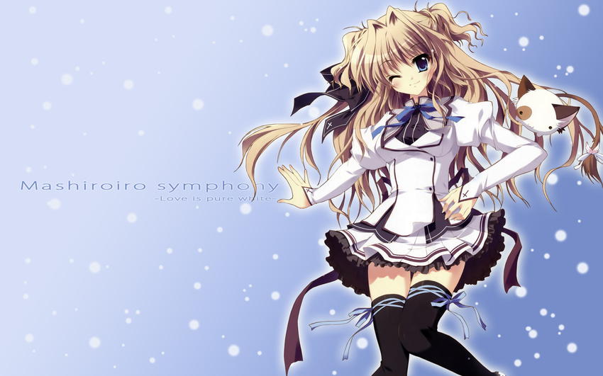 blue_eyes blush bow brown_hair cat hair_intakes hair_ribbon highres izumi_tsubasu long_hair mashiroiro_symphony one_eye_closed pan-nya pleated_skirt ribbon school_uniform sena_airi skirt thigh_ribbon thighhighs two_side_up wallpaper zettai_ryouiki