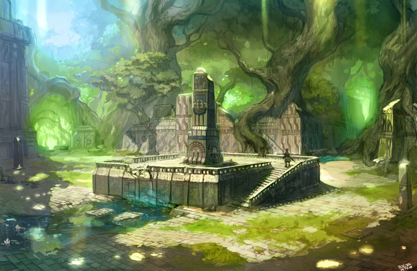 2009 forest guard highres nature original overgrown reflection ruins scenery shade signature solo staff tree water weltol