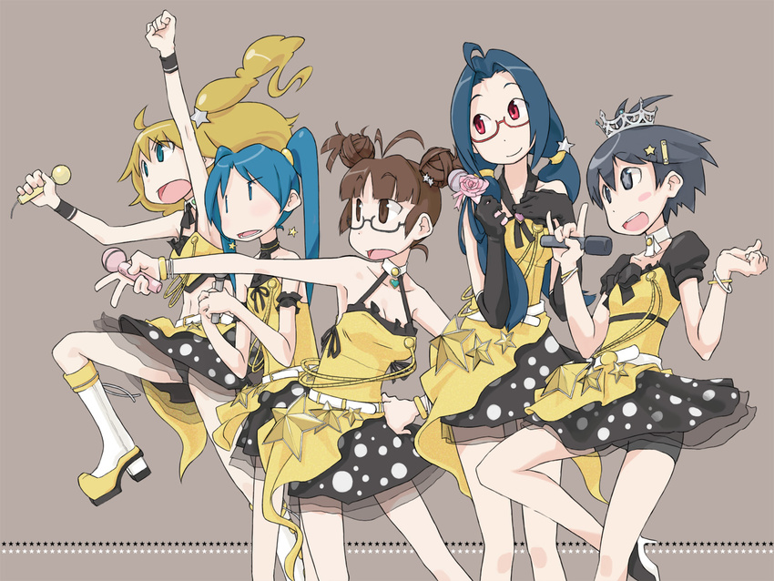 akizuki_ritsuko alternate_hairstyle black_hair blonde_hair blue_hair brown_hair dress elbow_gloves glasses gloves hoshii_miki idolmaster idolmaster_(classic) idolmaster_live_for_you! kikuchi_makoto kisaragi_chihaya live_for_venus microphone miura_azusa multiple_girls tugeneko