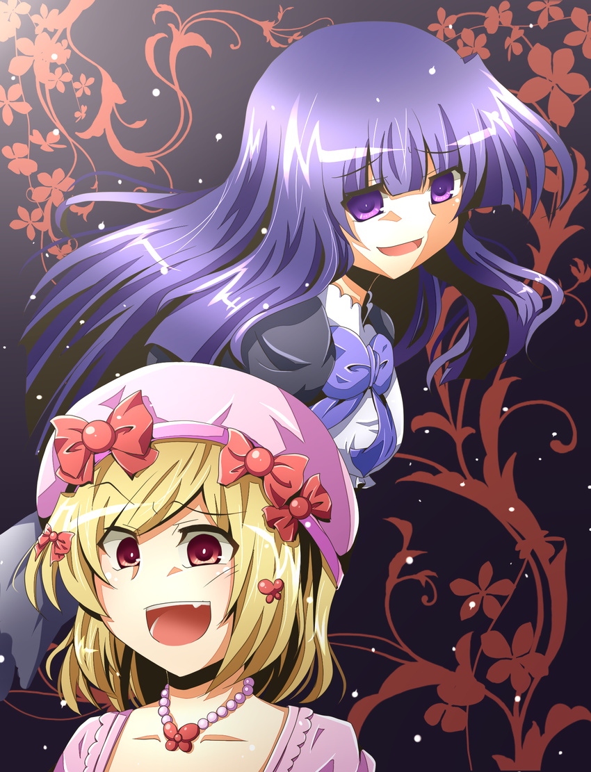 bad_id bad_pixiv_id blonde_hair bow frederica_bernkastel hair_bow hat highres jewelry lambdadelta long_hair mei_(jewel_at_time) multiple_girls necklace pink_hat purple_eyes purple_hair red_eyes short_hair sneer umineko_no_naku_koro_ni