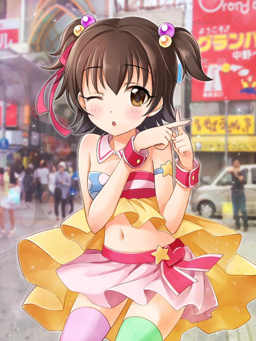 akagi_miria armband bad_id bad_pixiv_id bare_shoulders brown_eyes brown_hair crossed_fingers french_maid hair_bobbles hair_ornament hair_ribbon heart highres idolmaster idolmaster_cinderella_girls looking_at_viewer midriff navel one_eye_closed open_mouth photo_background pikapikapop ribbon short_hair solo star thighhighs two_side_up wrist_cuffs