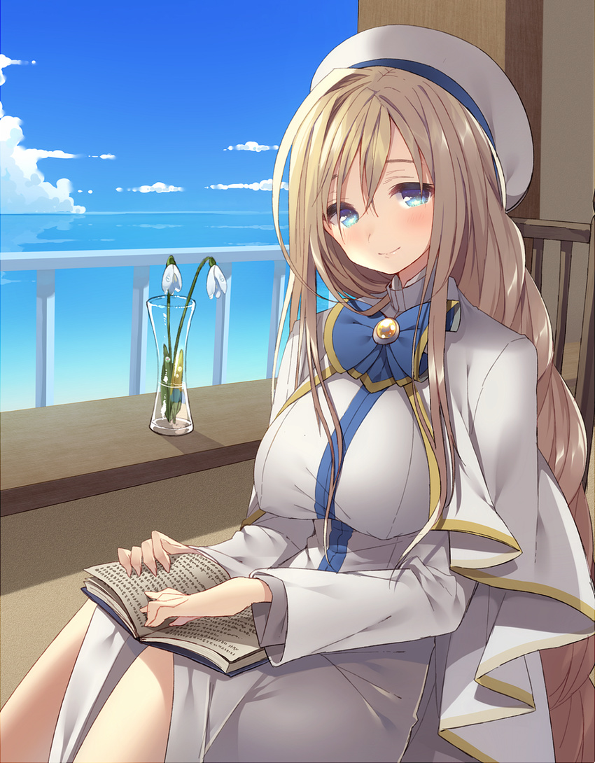 alicia_florence aria aria_company_uniform balcony beret blonde_hair blue_bow blue_eyes blue_sky blush book bow bowtie capelet cloud day flower glass hat highres long_hair looking_at_viewer ocean open_book sidelocks sitting sky smile snowdrop_(flower) solo uniform usamata vase very_long_hair white_hat