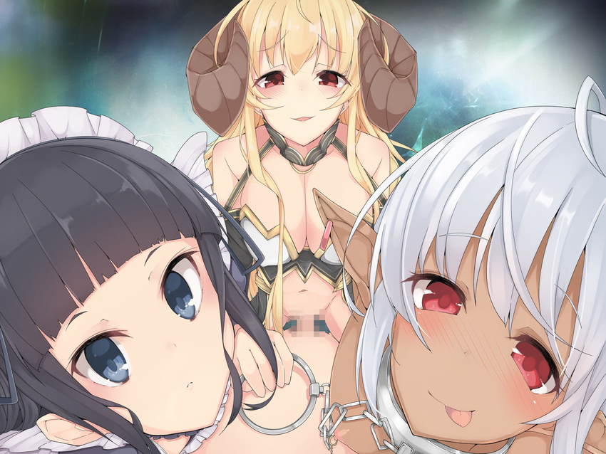 1boy 3girls absurdres areolae bare_shoulders black_hair blonde_hair blue_eyes blush breasts censored chains cleavage clothed_female_nude_male dark_skin drain dress girl_on_top gradient gradient_background grey_hair harem highres horns large_breasts legs long_hair looking_at_viewer lying maid_headdress mosaic_censoring multiple_girls navel nipple_piercing nipples no_panties parted_lips penis piercing pointy_ears pov red_eyes serious sex short_hair silver_hair sitting sitting_on_person smile thighs tongue vaginal
