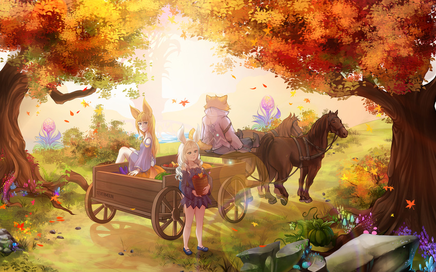 2girls animal_ears artist_name autumn autumn_leaves blonde_hair blue_eyes boots bunny_ears cart detached_sleeves dog_ears dress elin_(tera) fevermoun flower food forest fruit furry gloves glowing highres horse jacket leaf long_hair looking_back mary_janes multiple_girls mushroom nature outdoors popori pumpkin rock shoes signature silver_hair sitting smile tail tera_online tree