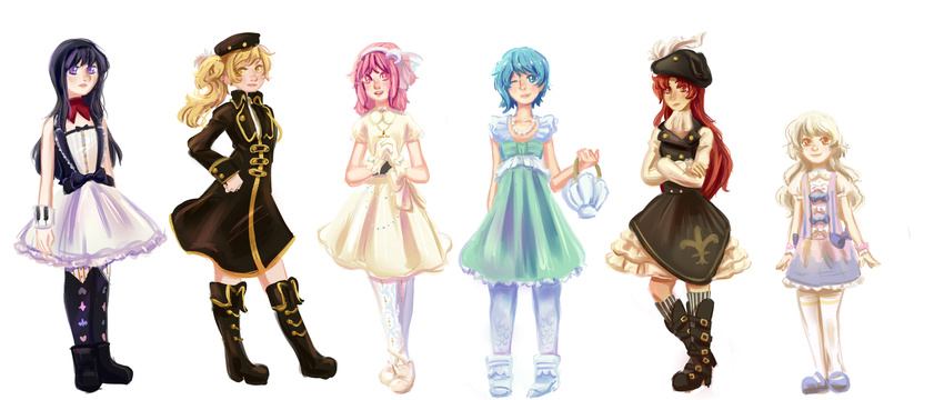 akemi_homura alternate_costume black_hair blonde_hair blue_hair kaname_madoka lolita_fashion mahou_shoujo_madoka_magica miki_sayaka momoe_nagisa pink_eyes pink_hair red_eyes red_hair sakura_kyoko tomoe_mami white_hair yellow_eyes