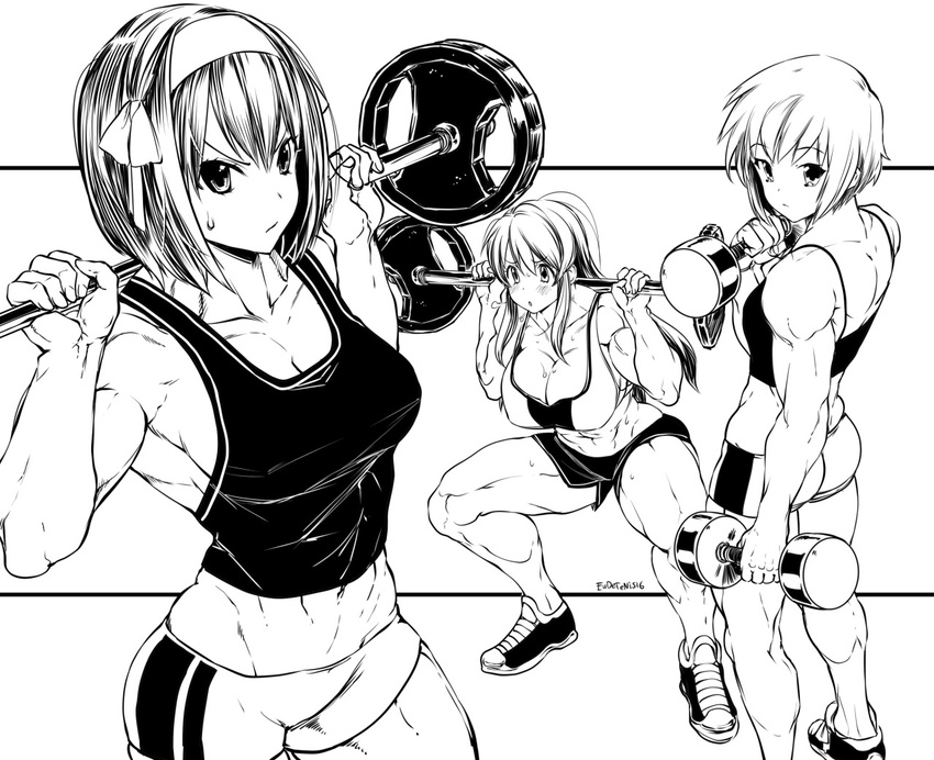 3girls abs asahina_mikuru bikini breasts brown_hair cleavage eudetenis female hairband large_breasts monochrome multiple_girls muscle nagato_yuki short_hair sneakers suzumiya_haruhi suzumiya_haruhi_no_yuuutsu weightlifting weights