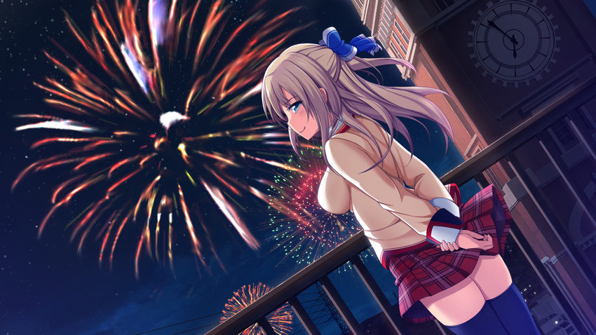 1girl blonde_hair blue_eyes blush clock female fireworks hair_ornament hair_ribbon highres long_hair looking_back love_of_ren'ai_koutei_of_love! night night_sky ootori_erika oozora_itsuki ribbon school_uniform sky smile solo stars thighhighs