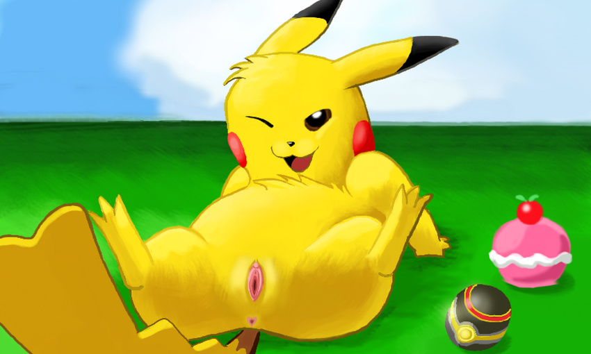 &lt;3 animal_genitalia anus butt cleft_tail draquarzi female hi_res luxury_ball nintendo one_eye_closed open_mouth paws pikachu pok&eacute;mon pok&eacute;mon_amie pokepuff pussy reclining solo spreading toes video_games