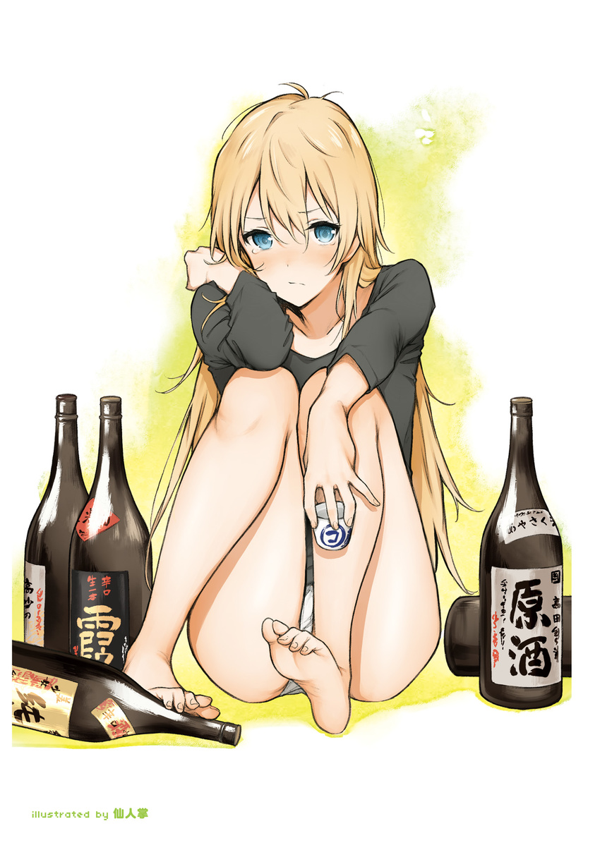 alcohol artist_name bare_legs barefoot blonde_hair blue_eyes blush bottle choko_(cup) cup drunk feet full_body hair_between_eyes highres long_hair long_sleeves new_game! no_pants nose_blush panties saboten sake_bottle sitting solo tears underwear white_panties yagami_kou