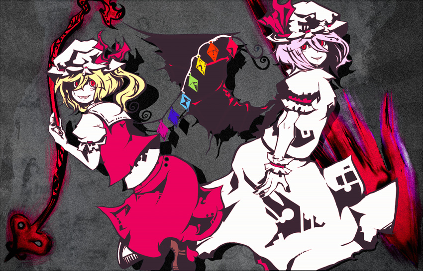 blonde_hair bow commentary_request crystal dress flandre_scarlet grey_background grin gungnir_(weapon) hat hat_bow laevatein lavender_hair long_hair looking_at_viewer mob_cap multiple_girls polearm red_bow red_eyes remilia_scarlet siblings side_ponytail sisters skirt smile spear tabazi touhou weapon whorled_hair wings wrist_cuffs