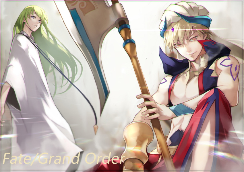 2boys 55level androgynous arabian_clothes armor axe bare_arms bare_chest battle_axe blonde_hair blue_eyes blue_horns closed_mouth commentary_request enkidu_(fate/strange_fake) fate/grand_order fate_(series) gilgamesh gilgamesh_(caster)_(fate) green_eyes green_hair hair_ornament hat holding holding_weapon horns jewelry light long_hair looking_at_viewer looking_up male_focus multiple_boys open_eyes orange_eyes red_skirt robe short_hair sitting skirt smile standing trap weapon white_robe