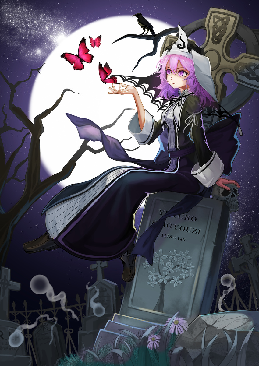 arm_garter bare_tree bird black_bow black_dress black_hat black_ribbon bow bug butterfly character_name cross crow dress fence flower full_moon ghost grass graveyard hat highres insect koumajou_densetsu koumajou_densetsu_2 long_sleeves moon neck_ribbon night pink_eyes pink_hair recare ribbon saigyouji_yuyuko sash shoes sitting skull sky solo star_(sky) starry_sky stone tombstone touhou tree triangular_headpiece veil white_flower