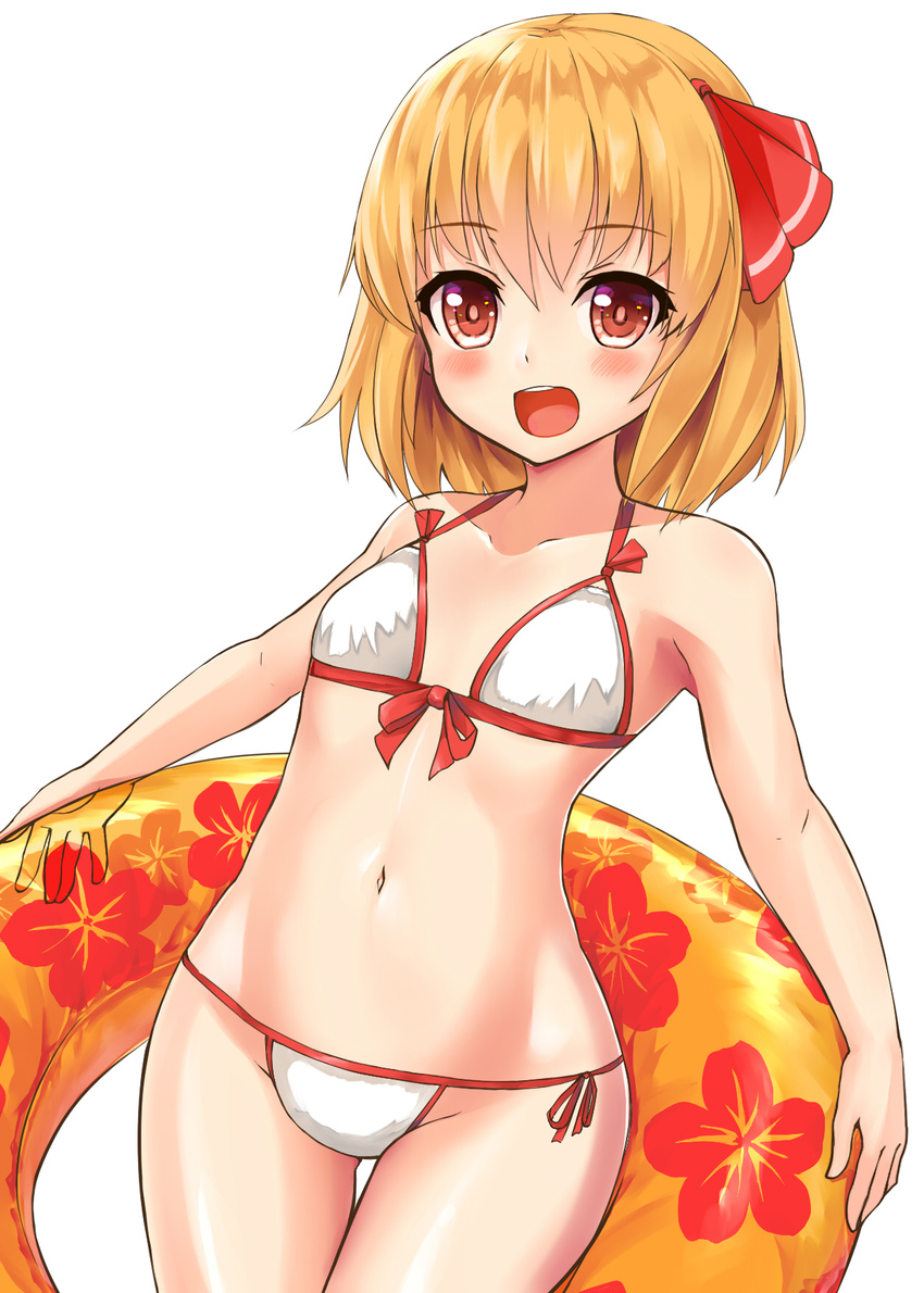 :d bikini blonde_hair blush breasts collarbone cowboy_shot dutch_angle eyebrows_visible_through_hair floral_print front-tie_bikini front-tie_top hair_ribbon highres holding holding_innertube innertube looking_at_viewer navel open_mouth print_innertube red_eyes red_ribbon ribbon rumia shiron_(e1na1e2lu2ne3ru3) short_hair side-tie_bikini simple_background small_breasts smile solo string_bikini swimsuit touhou white_background white_bikini