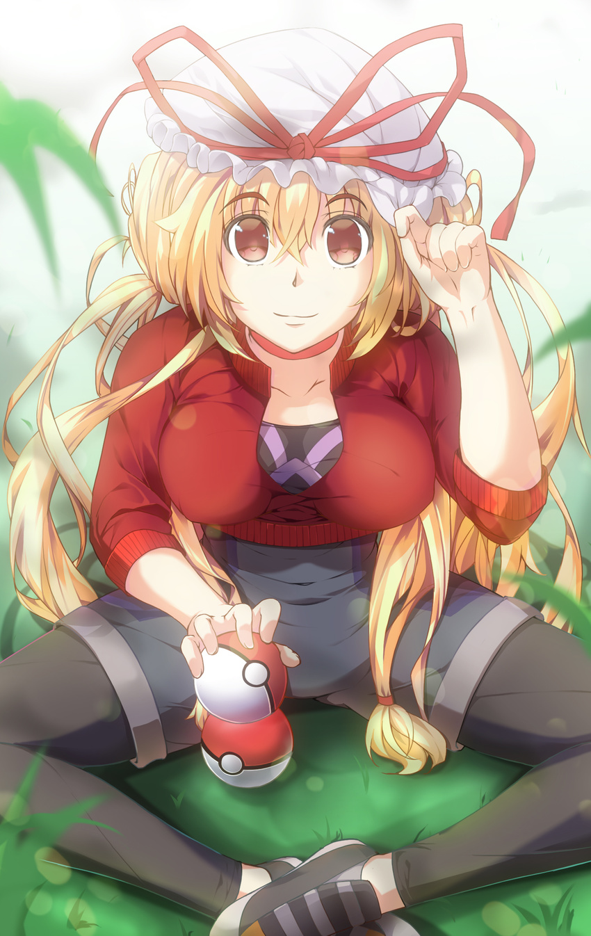 alternate_costume alternate_eye_color black_shorts blonde_hair breasts commentary_request cosplay cropped_jacket eyebrows eyebrows_visible_through_hair female_protagonist_(pokemon_go) female_protagonist_(pokemon_go)_(cosplay) grass hair_between_eyes hat hat_ribbon highres indian_style large_breasts leggings long_hair mob_cap nanase_nanami poke_ball pokemon pokemon_go red_eyes ribbon shoes shorts sitting smile sneakers solo touhou wavy_hair yakumo_yukari