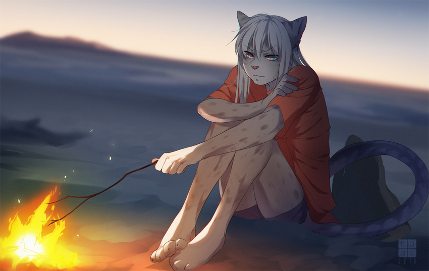 2016 4_toes 5_fingers anthro barefoot cat clothed clothing detailed_background feline fire fumiko fur hair male mammal pink_nose spots spotted_fur toes white_fur white_hair