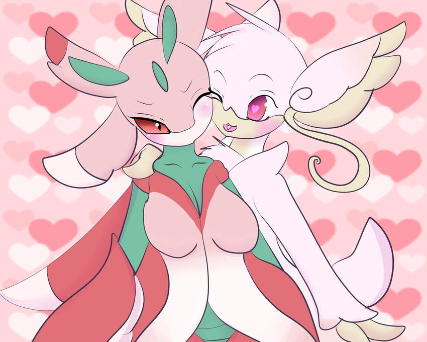 &lt;3 &lt;3_eyes arthropod big_breasts blush breasts clothing duo featherystorm female insect lurantis mammal mega_audino mega_evolution nintendo pok&eacute;mon smile video_games wings