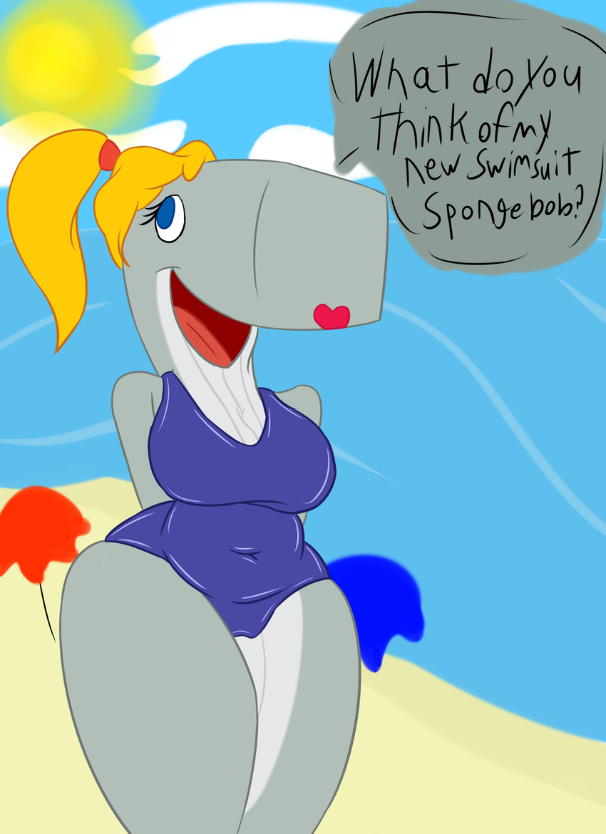 2016 anthro backalleyfallz big_breasts breasts cetacean clothed clothing digital_media_(artwork) female hair hi_res huge_breasts mammal marine navel nickelodeon open_mouth pearl_krabs ponytail slightly_chubby smile solo spongebob_squarepants swimsuit thick_thighs whale