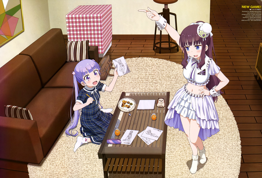 :d absurdres blue_eyes blush bobby_socks brown_hair cookie cosplay couch dress flower food hair_flower hair_ornament hand_on_hip highres idol long_hair multiple_girls nakagawa_hiromi new_game! no_shoes official_art on_floor open_mouth ponytail pose purple_eyes purple_hair rug scan sitting smile socks soujirou_(new_game!) standing suzukaze_aoba takimoto_hifumi twintails