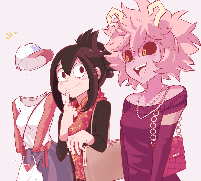 3girls :&gt; animated animated_gif ashido_mina asui_tsuyu bag black_hair black_sclera boku_no_hero_academia casual finger_to_mouth hagakure_tooru handbag hat horns invisible jewelry multiple_girls necklace pink_hair pink_skin sally_(luna-arts) scarf shopping_bag smile upper_body yellow_eyes