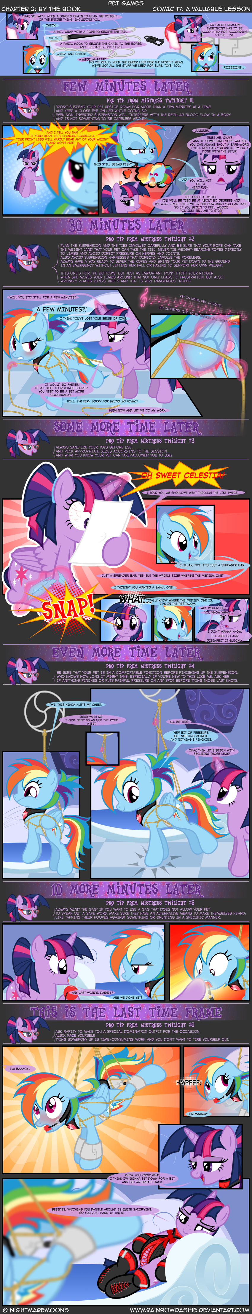 2016 absurd_res alternate_hairstyle ball_gag bdsm blue_fur blush bondage bound chain clitoris clothed clothing collar comic cuffs_(disambiguation) cutie_mark dialogue duo english_text equine feathered_wings feathers female female/female friendship_is_magic fur gag hair hi_res horn loose_feather magic mammal multicolored_hair my_little_pony nightmaremoons paper pegasus purple_eyes purple_fur pussy quill rainbow_dash_(mlp) rainbow_hair rope spreader_bar text twilight_sparkle_(mlp) winged_unicorn wings