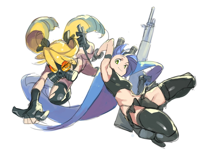 azuki_(azuki-taste) bikini black_gloves black_legwear blonde_hair blue_hair drill_hair fingerless_gloves gas_mask gloves green_eyes gun hair_ribbon headgear knife long_hair looking_at_viewer midriff miniskirt multiple_girls muzzle_(trigger) night_vision_device ribbon rifle simple_background skirt smile sniper_rifle spring_(trigger) swimsuit thighhighs torn_clothes torn_legwear trigger_(company) twin_drills weapon white_background