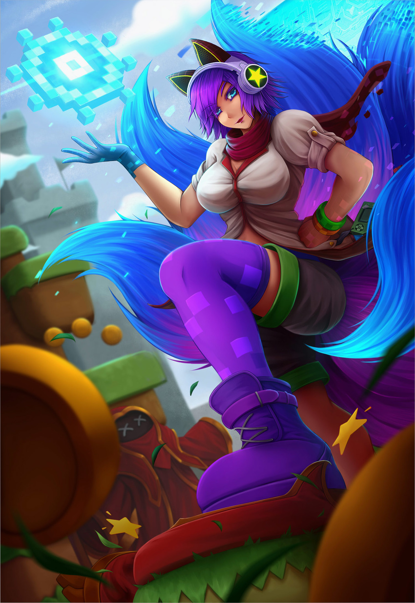 ahri alternate_costume animal_ears arcade_ahri bracelet breasts cleavage commentary english_commentary fox_ears fox_tail headphones highres jewelry large_breasts league_of_legends midriff minion_(league_of_legends) mole mole_under_eye multiple_tails nail_polish oldlim purple_eyes purple_hair red_scarf scarf short_hair solo tail thighhighs