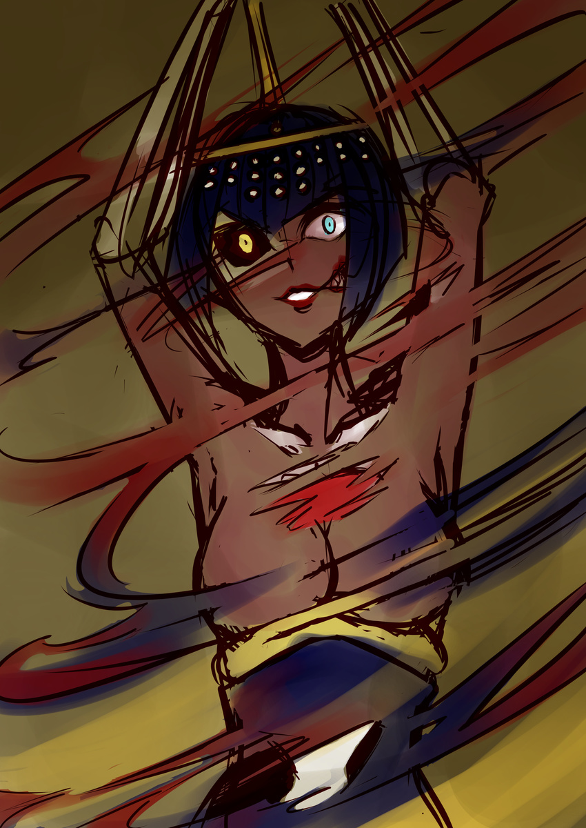 arms_raised black_hair black_sclera blood blue_eyes breasts dark_skin egyptian eliza_(skullgirls) female lipstick parasite sekhmet_(skullgirls) short_hair skeleton skullgirls smile teeth yellow_eyes