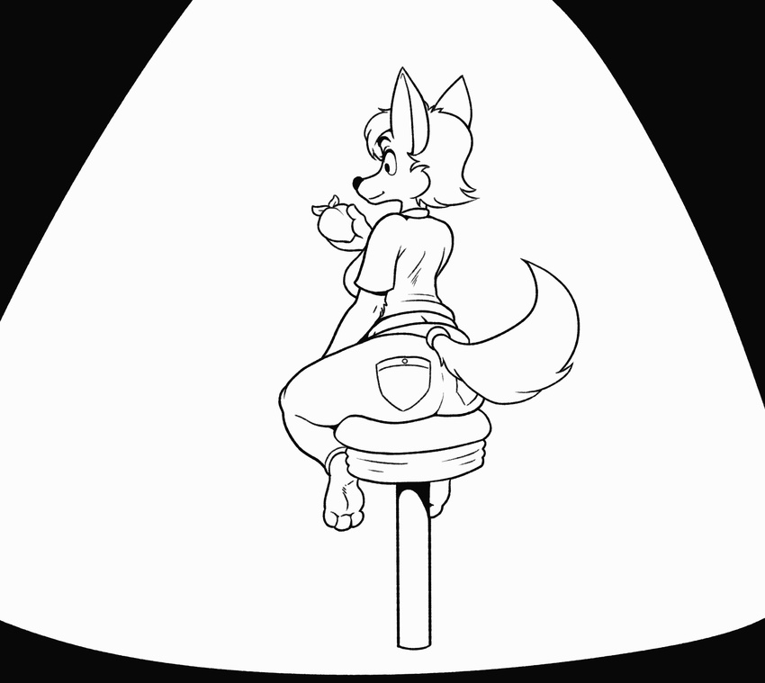 animated anthro barefoot belly belly_expansion big_belly black_and_white breasts butt_expansion canine clothing dawmino eating english_text female food frown fruit hair hyper hyper_belly inflation mammal monochrome open_mouth peach_(fruit) sign simple_background smile solo stool text