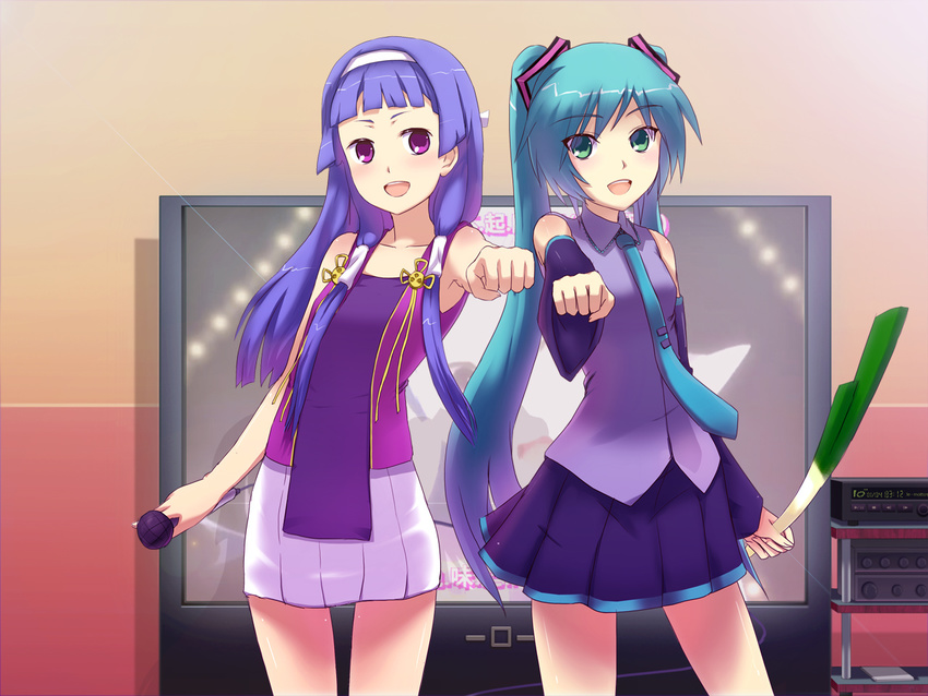 aqua_hair blue_hair detached_sleeves flat_chest green_eyes hair_ornament hair_tubes hairband hatsune_miku kannagi karaoke long_hair microphone miniskirt multiple_girls nagi necktie pleated_skirt purple_eyes purple_hair skirt smile spring_onion tank_top television tuanzi twintails vocaloid white_skirt