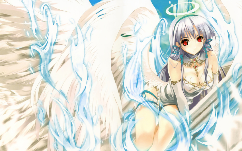 angel angel_wings arched_back arm_support bangs bare_shoulders between_breasts blue_fire blurry breasts cleavage cloud depth_of_field detached_collar dress elbow_gloves empty_eyes fire frills frown gloves glowing hair_ribbon hairband halo highres jewelry large_breasts leaning leg_garter long_hair looking_at_viewer lying misaki_kurehito multiple_wings oriental_umbrella outdoors parted_bangs red_eyes ribbon rooftop seraph sidelocks silver_hair sky solo thighs turtleneck umbrella very_long_hair wallpaper widescreen wings