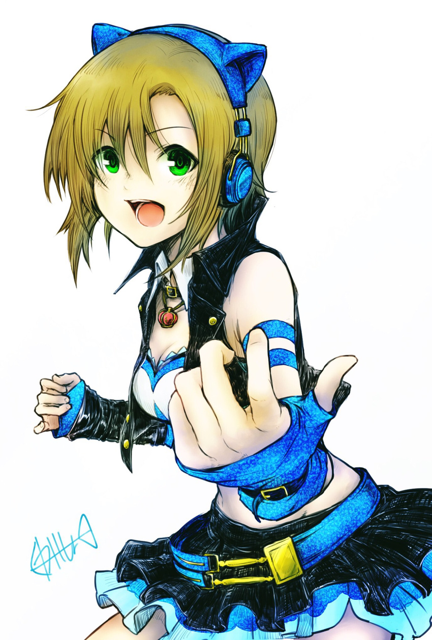 animal_ears armband bangs bare_shoulders belt black_skirt blue_gloves breasts buttons cat_ear_headphones cat_ears cleavage collar crown detached_collar elbow_gloves eyebrows eyebrows_visible_through_hair fingerless_gloves fish_bone gloves green_eyes groin hair_between_eyes headphones highres idolmaster idolmaster_cinderella_girls idolmaster_cinderella_girls_starlight_stage jewelry kakeshou light_brown_hair looking_at_viewer loose_belt miniskirt necklace open_mouth short_hair simple_background skirt small_breasts solo tada_riina teeth vest white_background