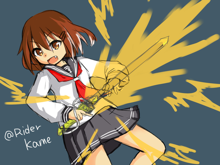 :d brown_eyes brown_hair fang hair_ornament hairclip highres ikazuchi_(kantai_collection) kame_rider kamen_rider kamen_rider_fourze kamen_rider_fourze_(series) kantai_collection neckerchief open_mouth parody pleated_skirt red_neckwear school_uniform serafuku short_hair sketch skirt smile solo twitter_username v-shaped_eyebrows