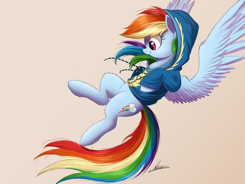 blue_feathers clothing cutie_mark equine eyelashes feathered_wings feathers female feral flying friendship_is_magic hair hoodie hooves mammal multicolored_hair my_little_pony ncmares pegasus pnk_eyes rainbow_dash_(mlp) rainbow_hair simple_background smile solo spread_wings white_background wings