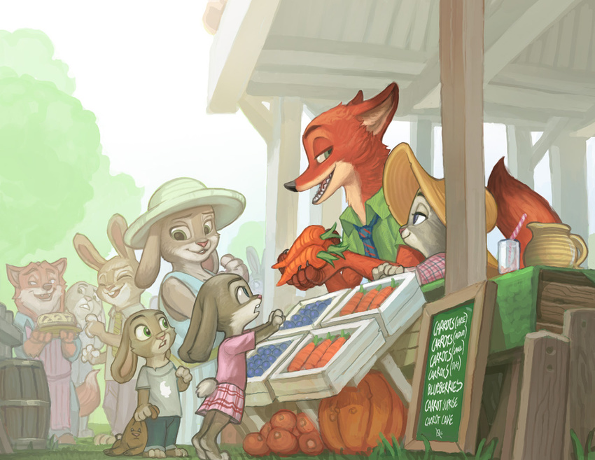 apron barrel bonnie_hopps carrot clothing cub disney eye_contact family farm food fruit gideon_grey glass green_eyes hat invalid_tag judy_hopps necktie nick_southam nick_wilde pie pumpkin sell shirt sign standing straw text tree vegetable young zootopia