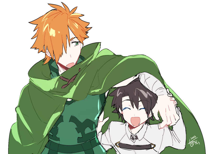 black_hair cloak closed_eyes dated fate/extra fate/grand_order fate_(series) fujimaru_ritsuka_(male) green_eyes hair_over_one_eye looking_up male_focus minazaka multiple_boys orange_hair robin_hood_(fate) signature simple_background smile white_background