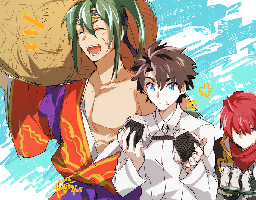 3boys basket belt black_coat black_hair blue_background blue_eyes carrying_over_shoulder closed_eyes collarbone dated eating fate/grand_order fate_(series) food food_on_face fujimaru_ritsuka_(male) fuuma_kotarou_(fate/grand_order) green_hair hair_over_one_eye holding holding_food japanese_clothes kimono long_hair long_sleeves male_focus minazaka multiple_boys off_shoulder onigiri pectorals popped_collar red_eyes red_hair red_scarf rice rice_on_face sash scar scarf sidelocks signature simple_background smile tawara_touta_(fate/grand_order) wide_sleeves