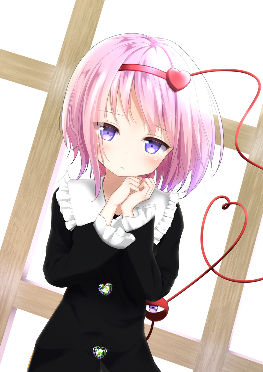 alternate_costume black_dress blue_eyes blush collar dress dutch_angle frilled_collar frilled_cuffs frills frown hairband hands_on_own_chin hands_together heart heart_of_string highres komeiji_satori looking_at_viewer pink_hair short_hair solo third_eye touhou window yuuforia