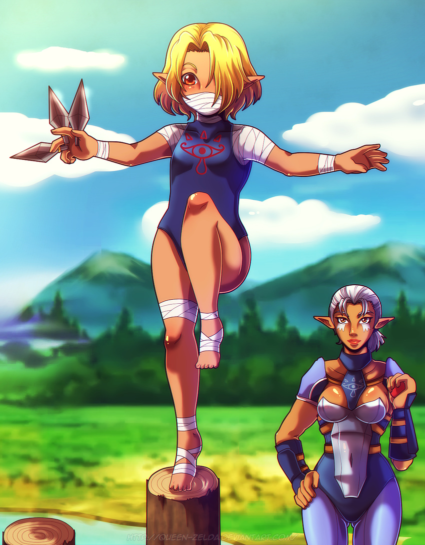 ass_visible_through_thighs blush breasts dark_skin forest highres impa kunai long_hair multiple_girls nature pointy_ears queen-zelda red_eyes sheik short_hair smile the_legend_of_zelda the_legend_of_zelda:_ocarina_of_time water weapon white_hair younger