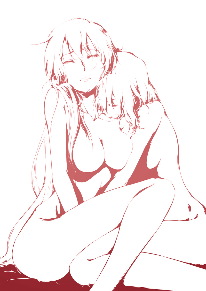 absurdres breasts closed_eyes collarbone facing_viewer highres kino_(357652722) kiss long_hair medium_breasts monochrome multiple_girls no_nipples nude original red shoulder_kiss simple_background sketch v_arms very_long_hair white_background yuri