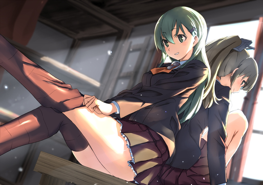 adjusting_clothes adjusting_legwear aqua_eyes aqua_hair ascot back-to-back blazer blush brown_hair brown_legwear brown_skirt commentary_request dressing hair_ornament hairclip high_ponytail jacket kantai_collection kumano_(kantai_collection) long_hair looking_back multiple_girls pleated_skirt ponytail school_uniform sitting skirt smile suzuya_(kantai_collection) tsuuhan