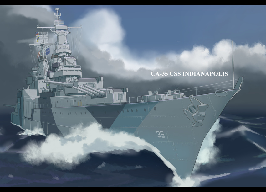 blue_sky cannon cloud cruiser day flag letterboxed military military_vehicle no_humans number ocean original outdoors ship shiro_yukimichi signal_flag sky splashing turret us_navy uss_indianapolis_(ca-35) warship water watercraft world_of_warships
